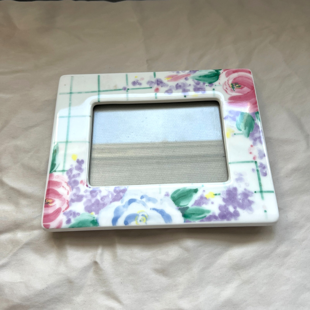 Burnes of Boston Ivory Ceramic Picture Frame w/ Purple Pink Blue Accents 4x3 in